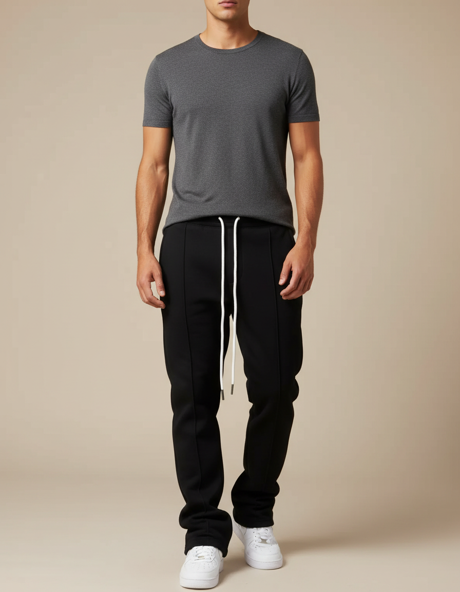 Pantalon Noir Coupe Droite Couture Apparente Décontracté Homme - Molleton