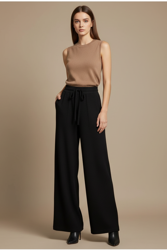 Pantalon Noir Côtelé Ample Décontracté Femme Fluide - Maille