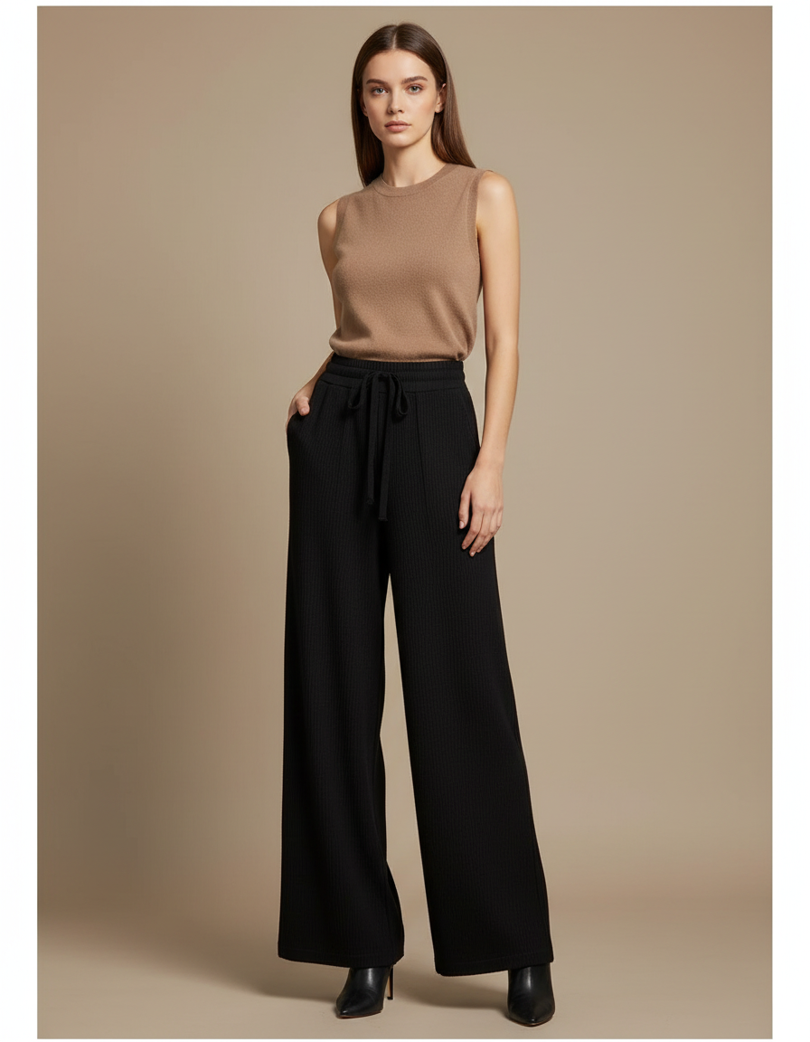 Pantalon Noir Côtelé Ample Décontracté Femme Fluide - Maille