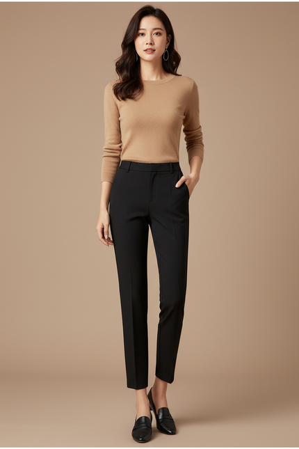 Pantalon Noir Femme Cigarette Taille Haute Décontracté - Gabardine