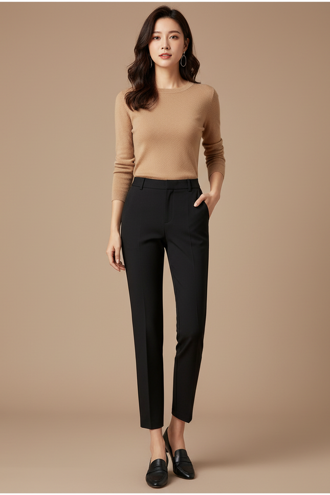 Pantalon Noir Femme Cigarette Taille Haute Décontracté - Gabardine