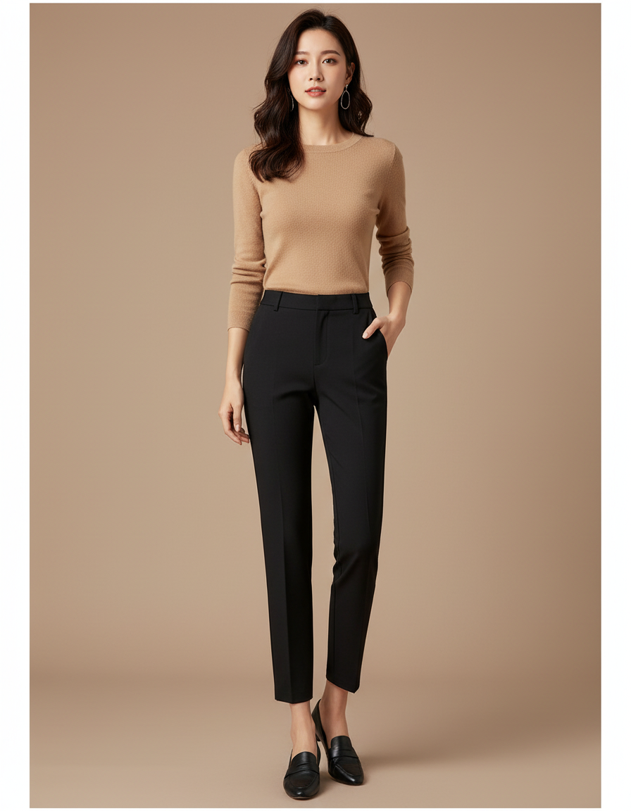 Pantalon Noir Femme Cigarette Taille Haute Décontracté - Gabardine