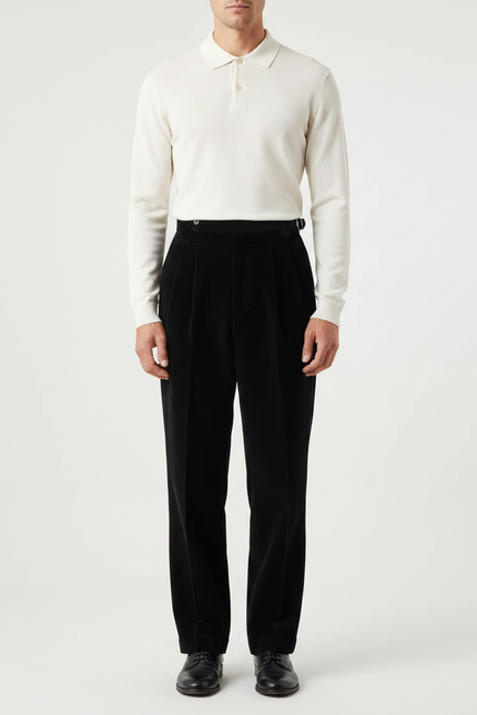 Pantalon Noir Côtelé Plissé Droit Élégant Homme - Cordé