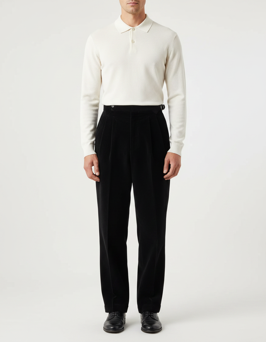 Pantalon Noir Côtelé Plissé Droit Élégant Homme - Cordé