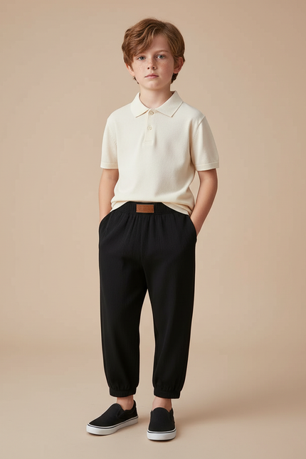 Pantalon Noir Côtelé Ample Garçon Décontracté - Cordé