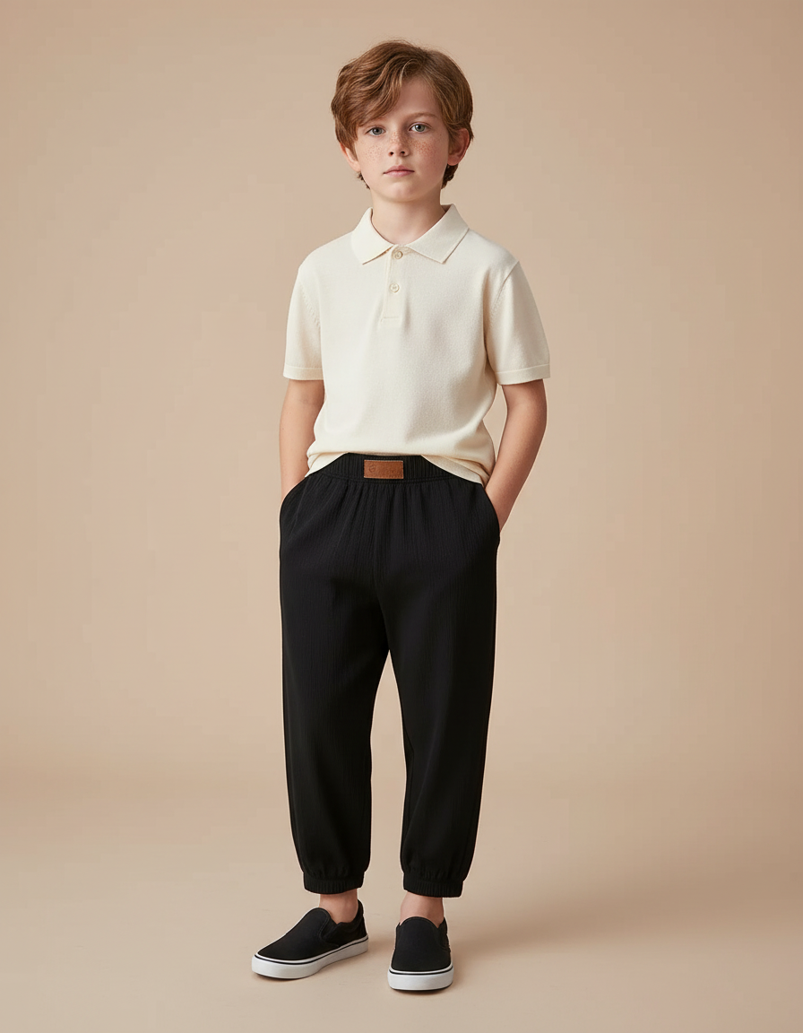 Pantalon Noir Côtelé Ample Garçon Décontracté - Cordé