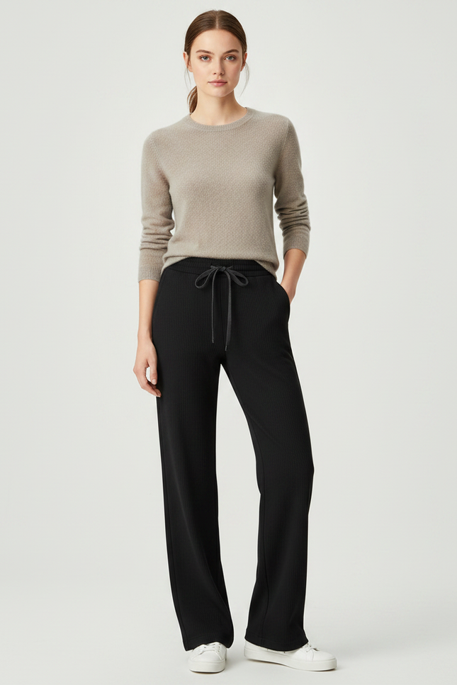 Pantalon Noir Côtelé Ample Décontracté Femme - Maille