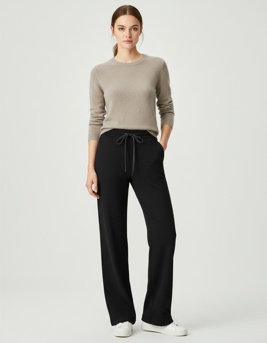 Pantalon Noir Côtelé Ample Décontracté Femme - Maille