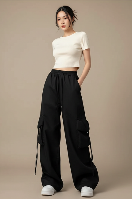 Pantalon Noir Cargo Ample Streetwear Décontracté - Toile