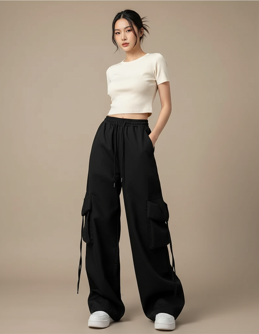 Pantalon Noir Cargo Ample Streetwear Décontracté - Toile