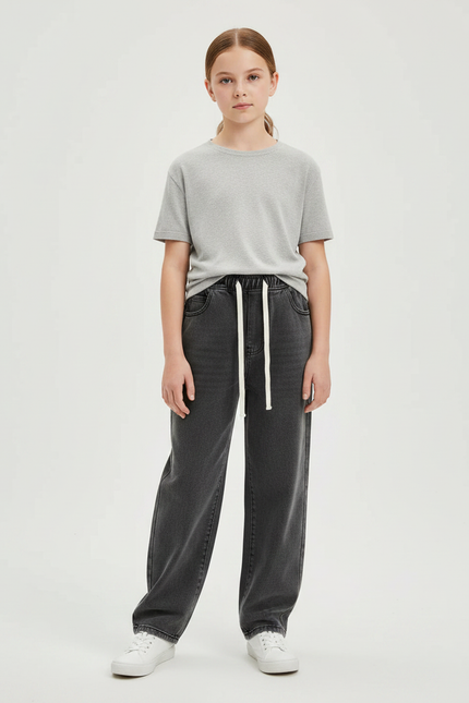 Pantalon Noir Jean Ample Cordon Décontracté Fille