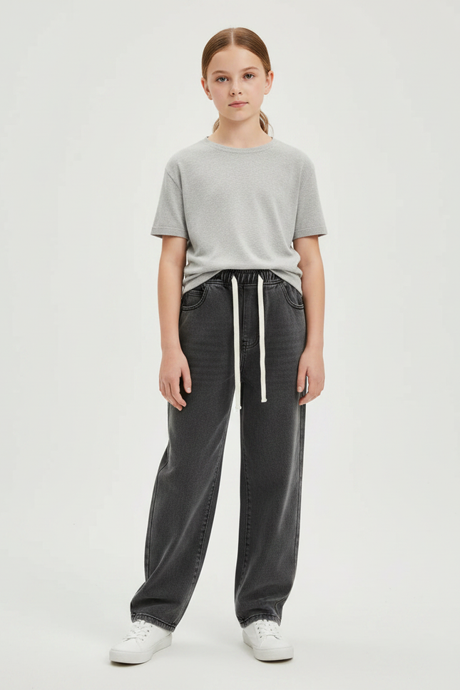 Pantalon Noir Jean Ample Cordon Décontracté Fille