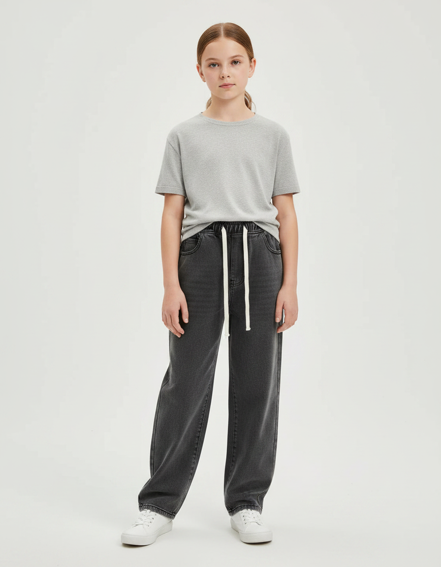 Pantalon Noir Jean Ample Cordon Décontracté Fille