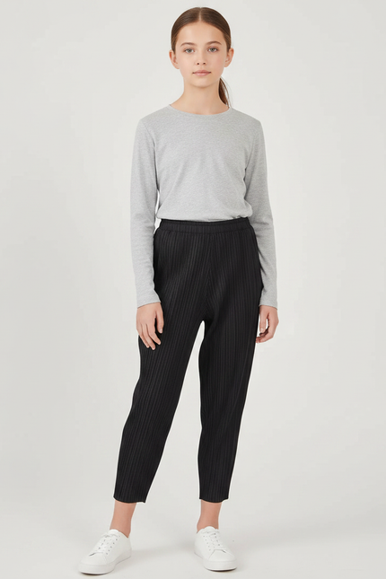 Pantalon Noir Plissé Carotte Décontracté Femme - Polyester