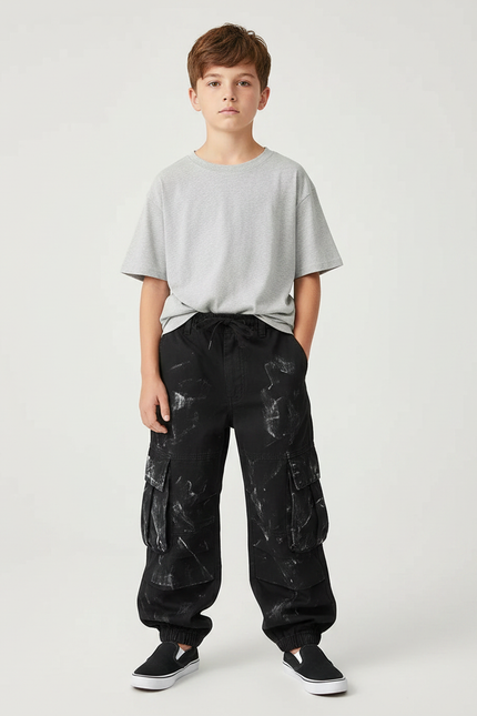 Pantalon Noir Cargo Ample Imprimé Garçon - Toile