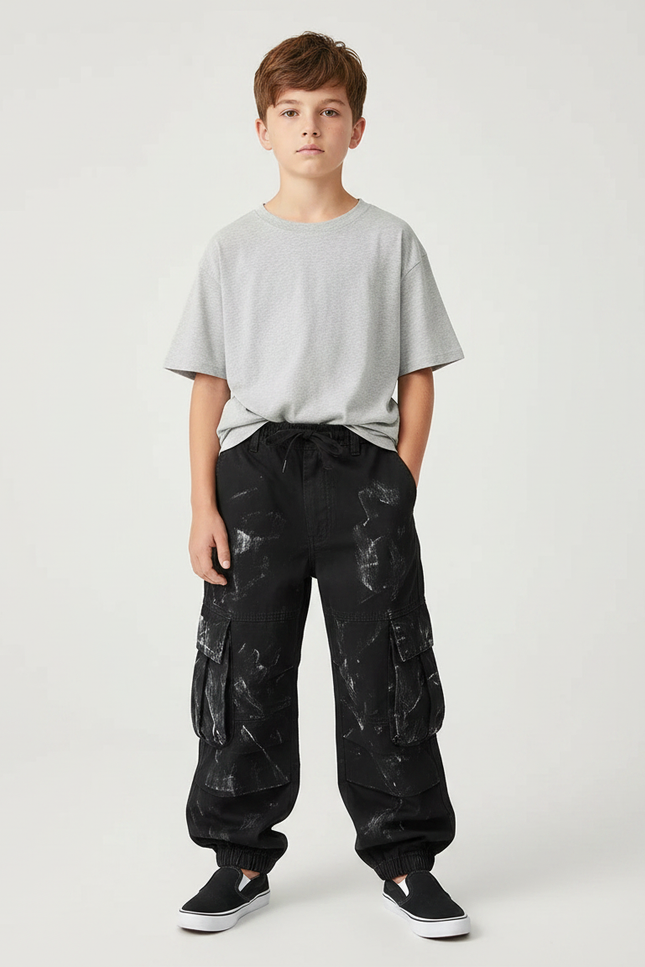 Pantalon Noir Cargo Ample Imprimé Garçon - Toile