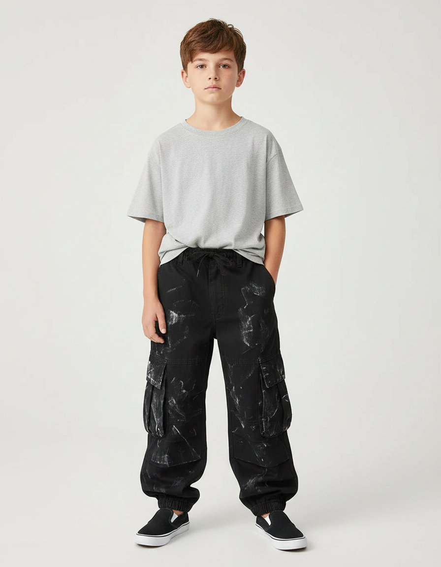 Pantalon Noir Cargo Ample Imprimé Garçon - Toile