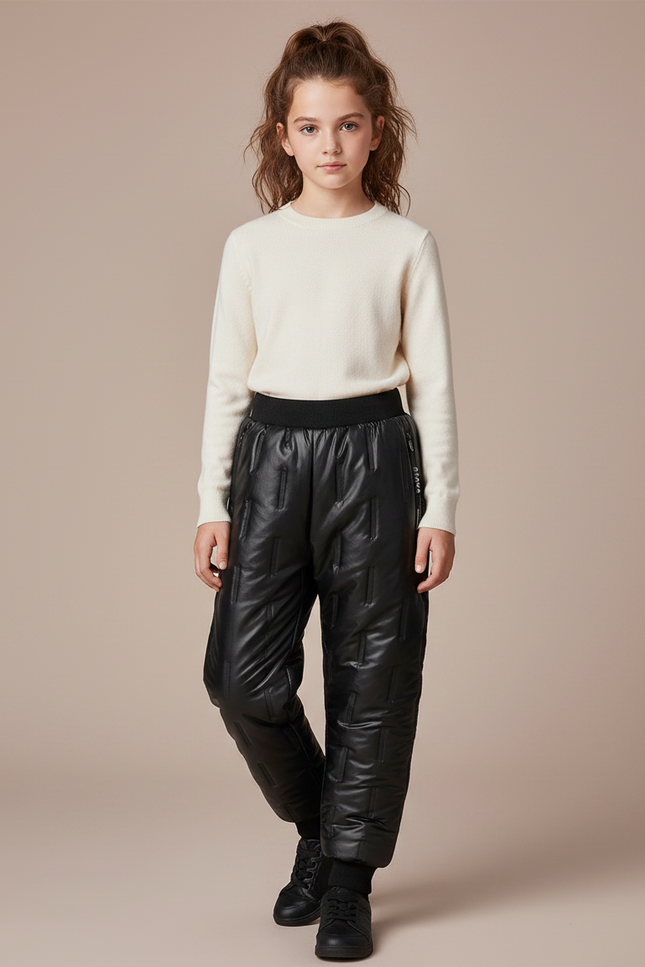 Pantalon Noir Matelassé Hiver Enfant Imperméable Chaud - Simili cuir
