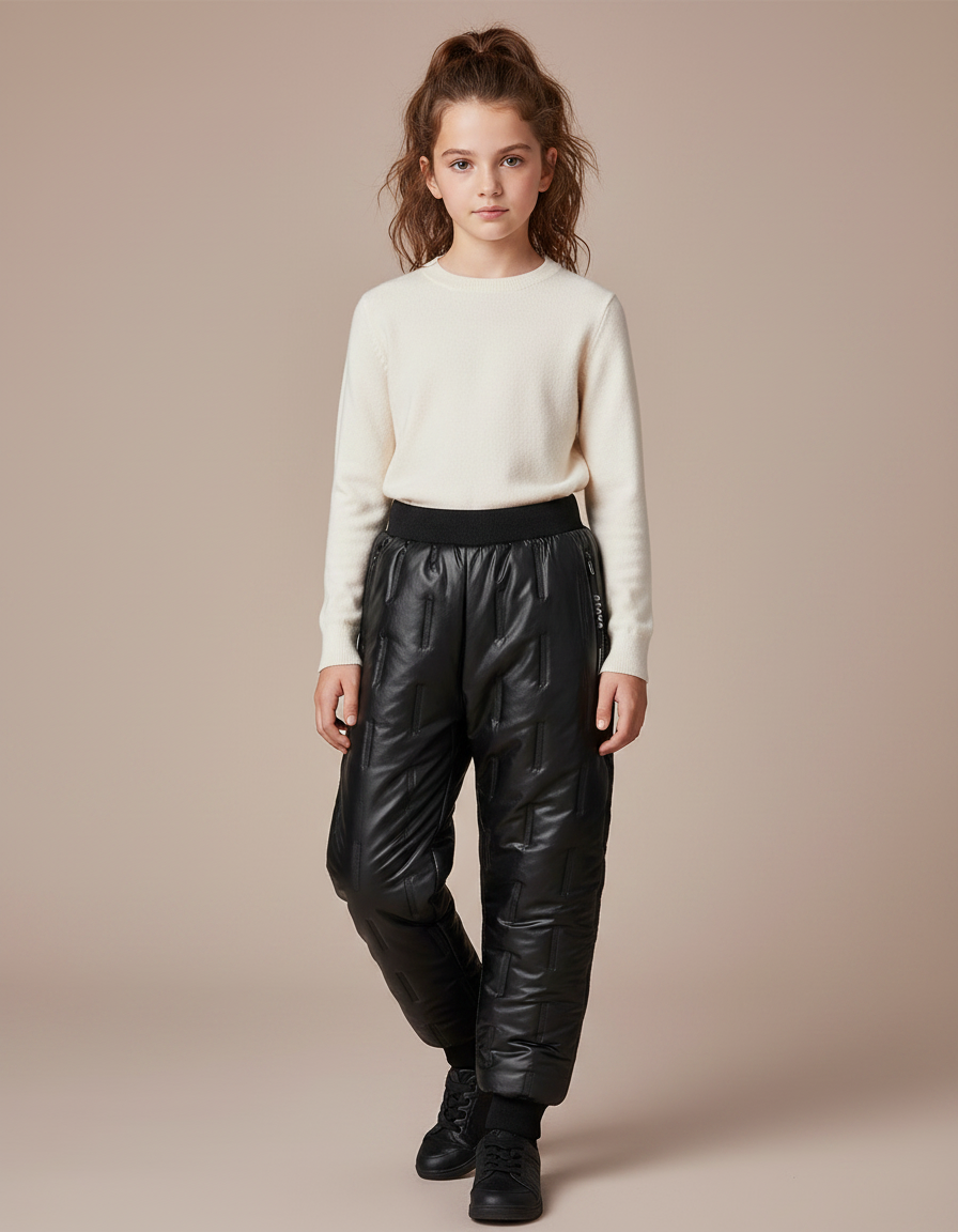 Pantalon Noir Matelassé Hiver Enfant Imperméable Chaud - Simili cuir