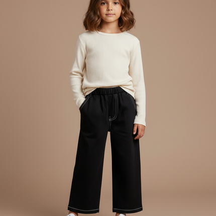 Pantalon Noir Large Coutures Contrastantes Enfant - Molleton