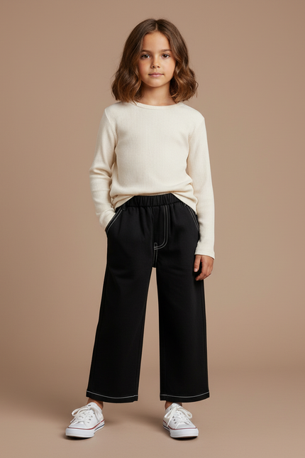 Pantalon Noir Large Coutures Contrastantes Enfant - Molleton