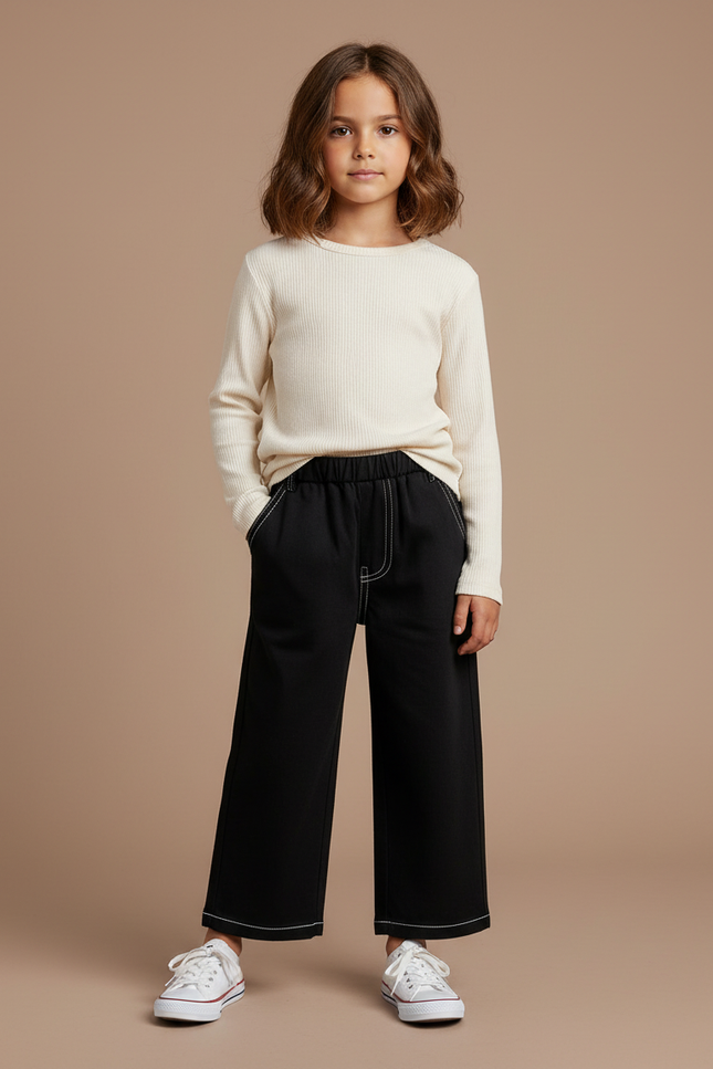 Pantalon Noir Large Coutures Contrastantes Enfant - Molleton