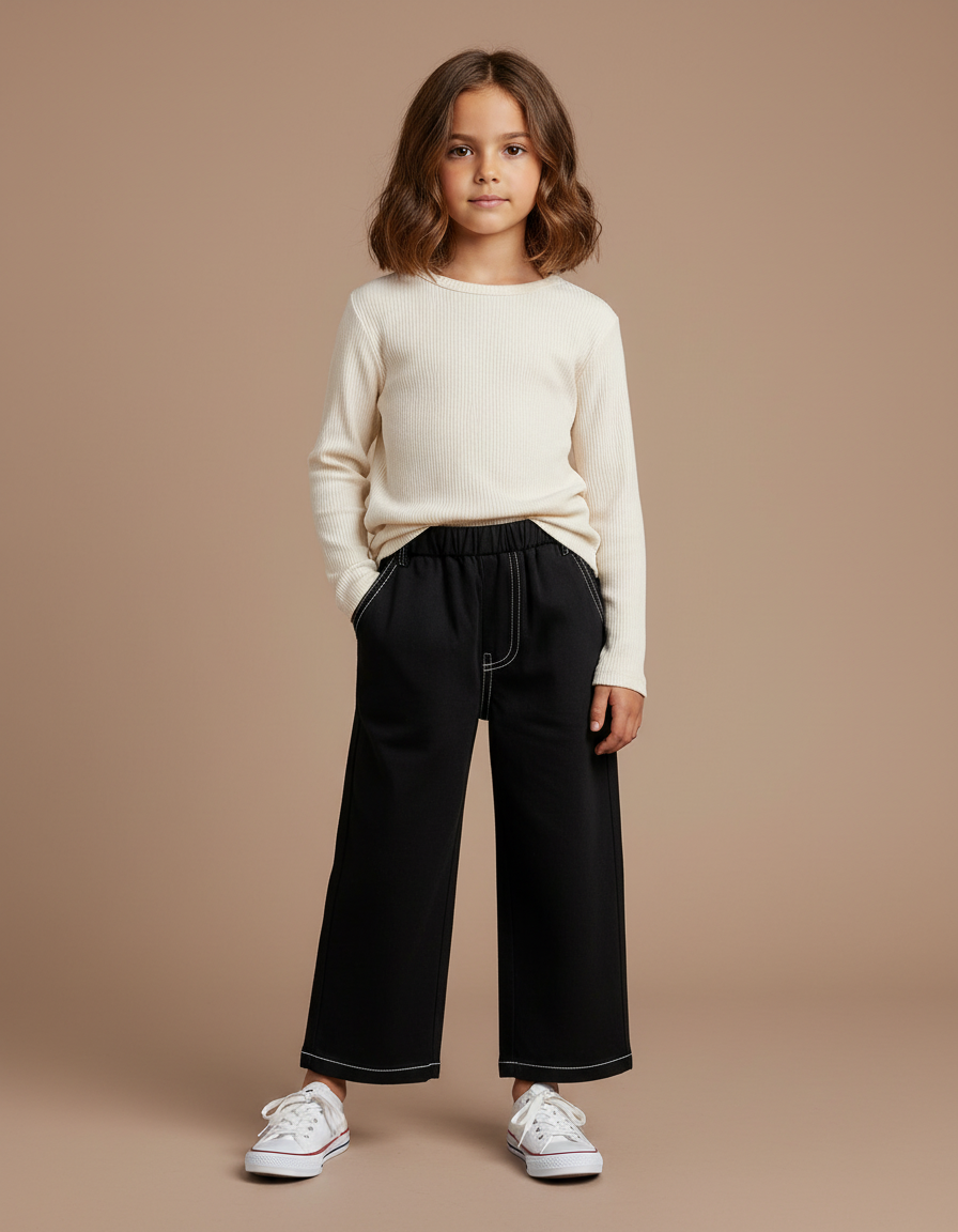 Pantalon Noir Large Coutures Contrastantes Enfant - Molleton