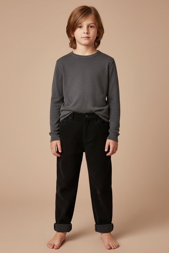 Pantalon Noir Côtelé Ample Décontracté Garçon - Cordé