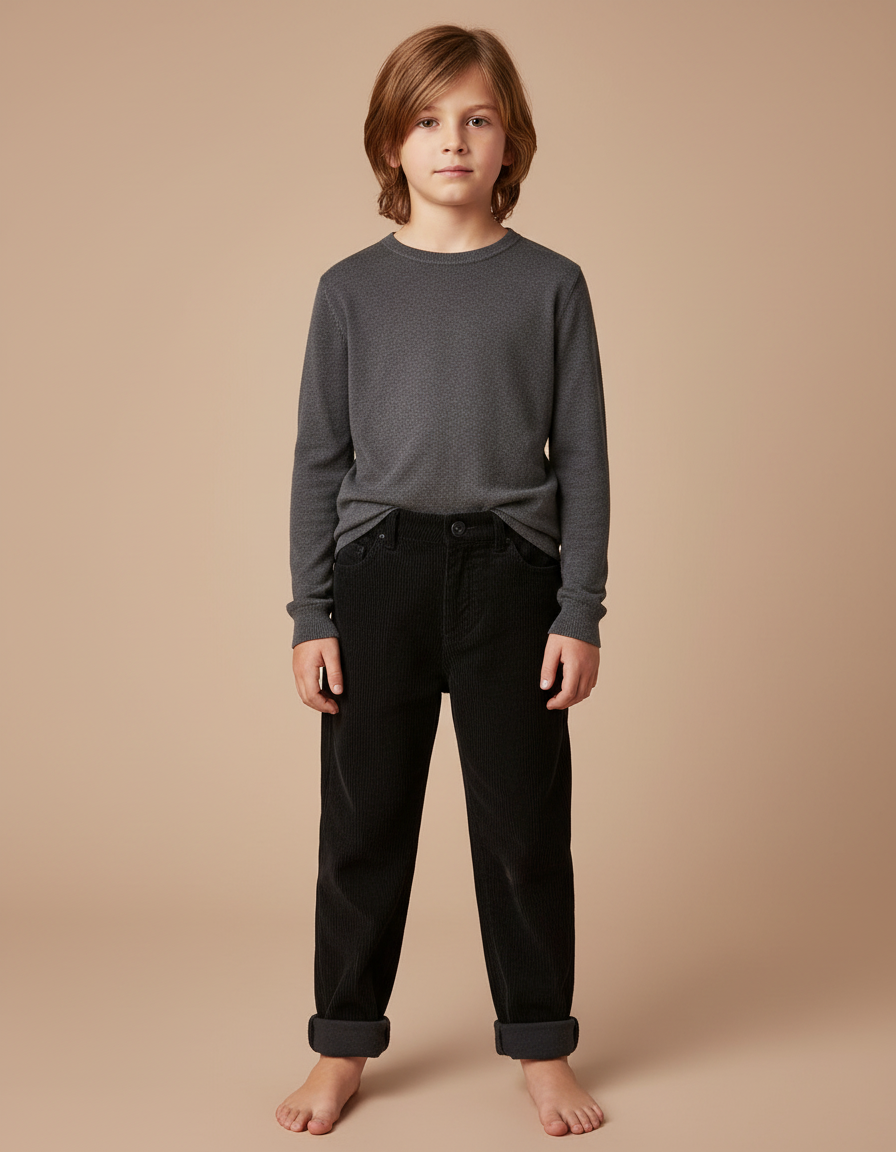 Pantalon Noir Côtelé Ample Décontracté Garçon - Cordé