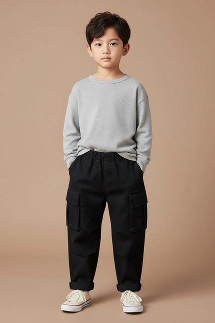 Pantalon Noir Cargo Ample Garçon Décontracté Multi-Poches - Toile