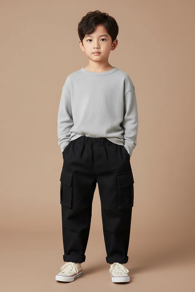 Pantalon Noir Cargo Ample Garçon Décontracté Multi-Poches - Toile