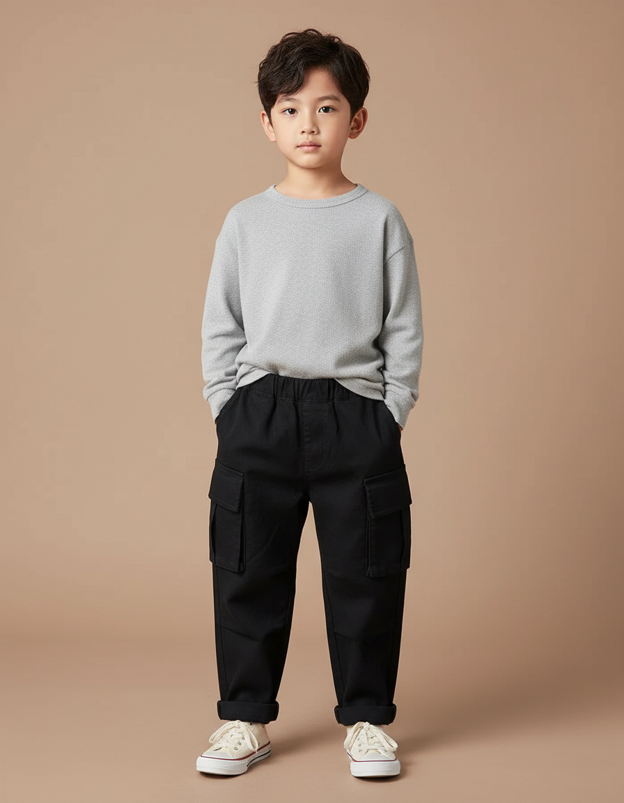 Pantalon Noir Cargo Ample Garçon Décontracté Multi-Poches - Toile