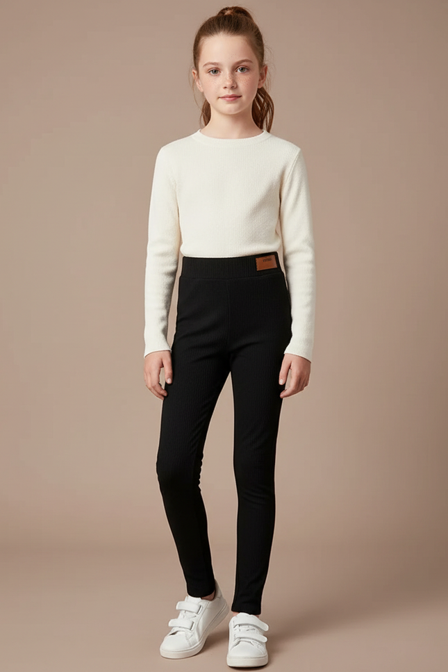 Pantalon Noir Côtelé Élastique Fille Confortable Slim - Maille