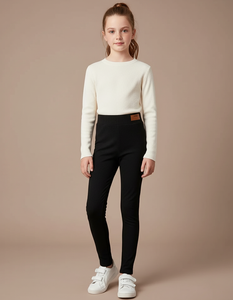 Pantalon Noir Côtelé Élastique Fille Confortable Slim - Maille