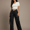 Pantalon Noir Cargo Ample Taille Basse Femme - Polyester