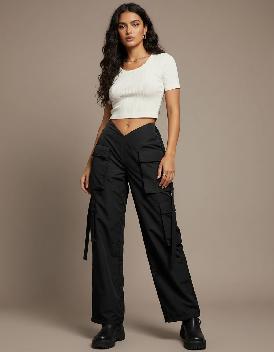 Pantalon Noir Cargo Ample Taille Basse Femme - Polyester