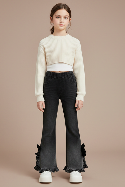 Pantalon Noir Évasé Volants Nœuds Fille Tendance - Jean