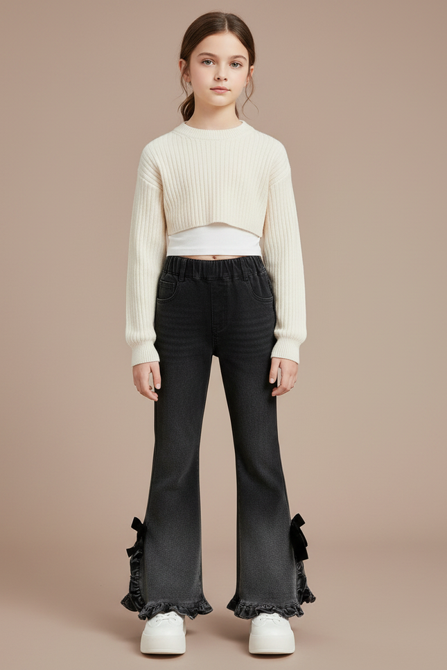 Pantalon Noir Évasé Volants Nœuds Fille Tendance - Jean