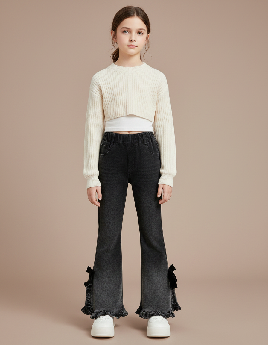 Pantalon Noir Évasé Volants Nœuds Fille Tendance - Jean