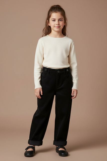 Pantalon Noir Corduroy Ample Fille Décontracté - Cordé