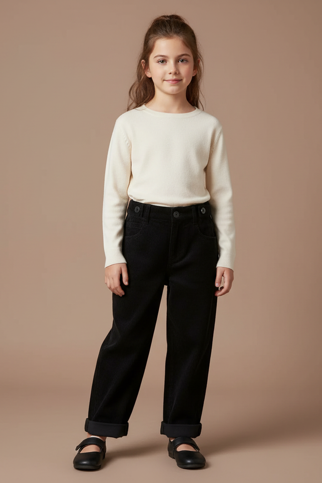 Pantalon Noir Corduroy Ample Fille Décontracté - Cordé