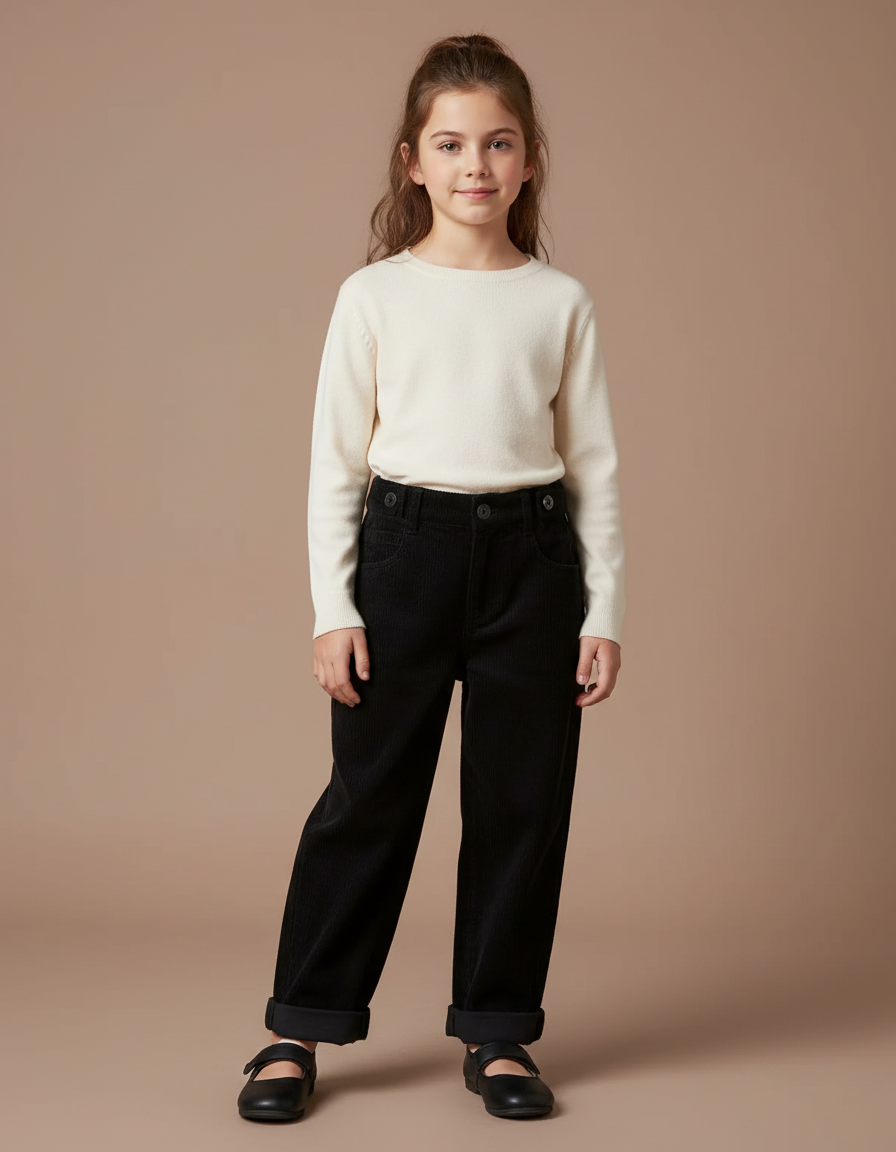 Pantalon Noir Corduroy Ample Fille Décontracté - Cordé