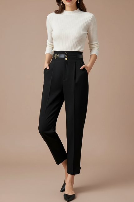 Pantalon Noir Plissé Taille Haute Élégant Femme - Gabardine