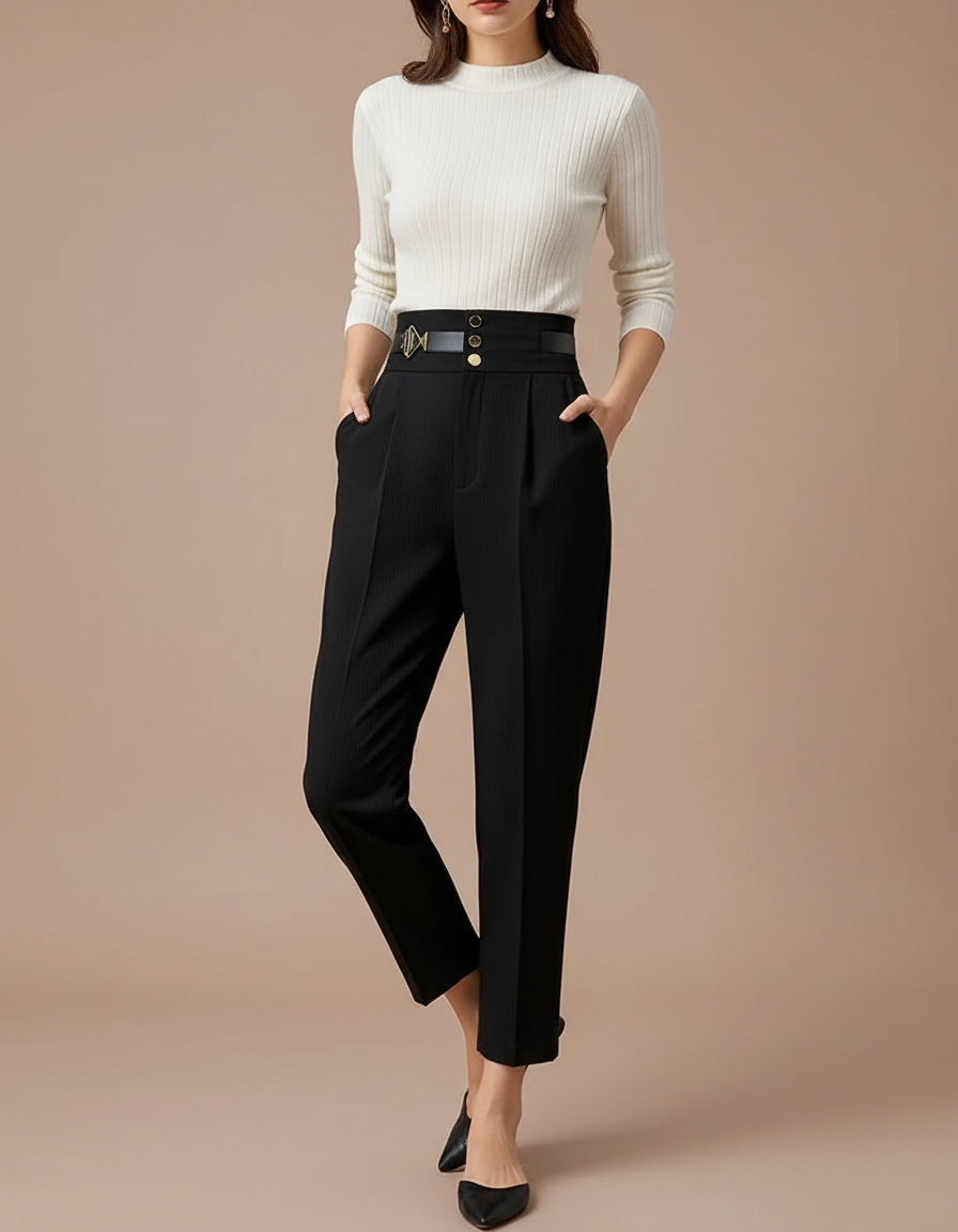 Pantalon Noir Plissé Taille Haute Élégant Femme - Gabardine