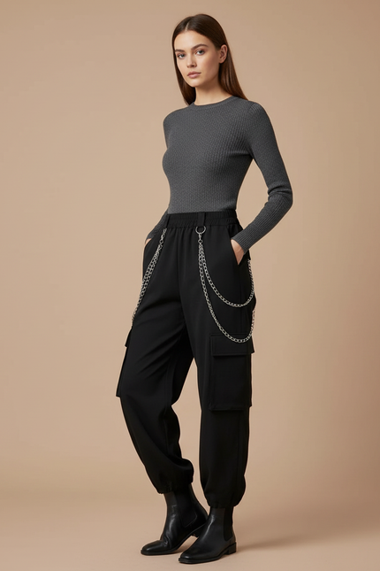 Pantalon Noir Cargo Chaîne Streetwear Femme - Polyester