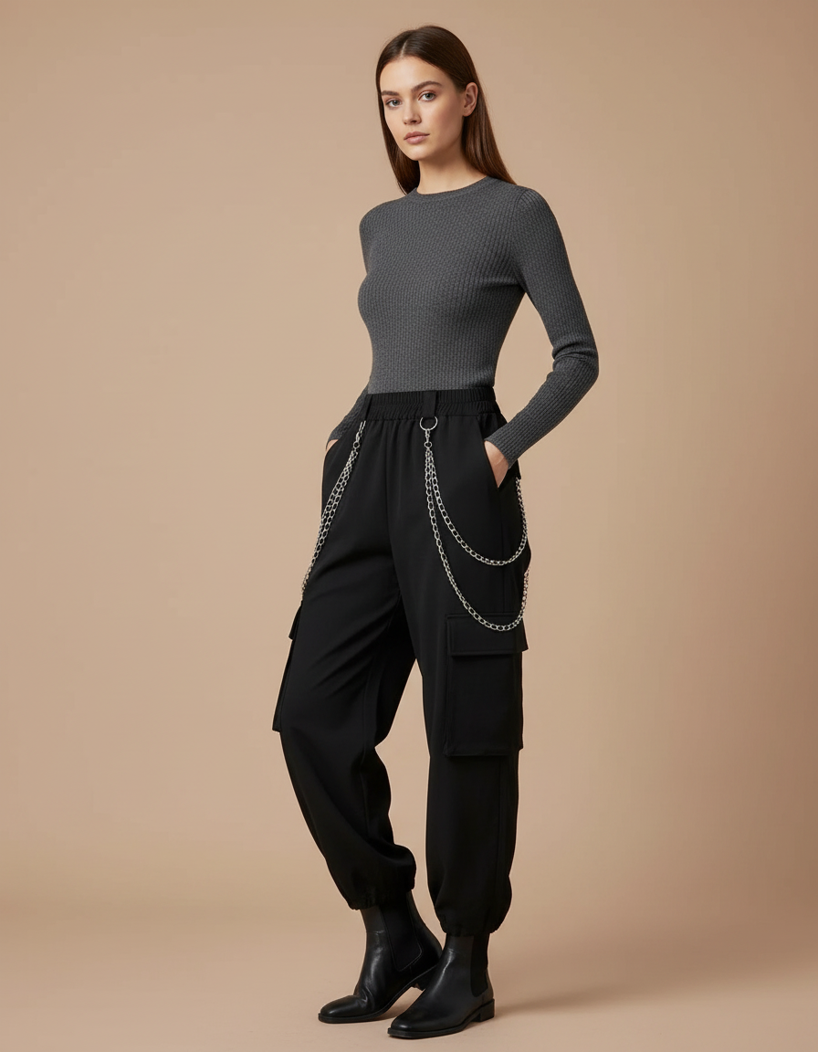 Pantalon Noir Cargo Chaîne Streetwear Femme - Polyester