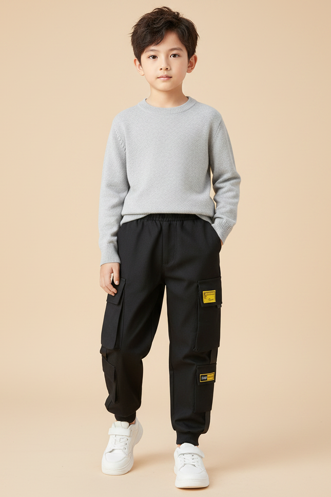 Pantalon Noir Cargo Ample Poches Garçon - Toile