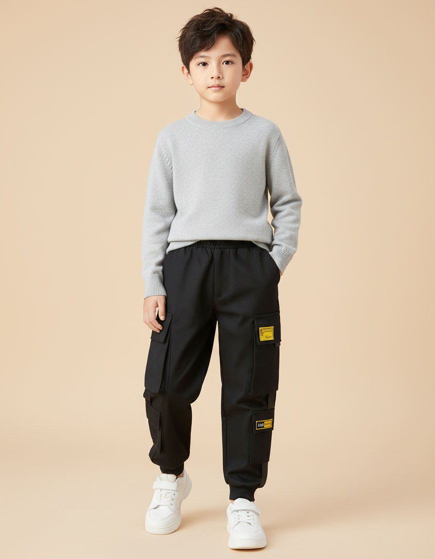 Pantalon Noir Cargo Ample Poches Garçon - Toile