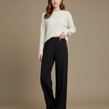 Pantalon Noir Large Droit Côtelé Épais Décontracté - Maille
