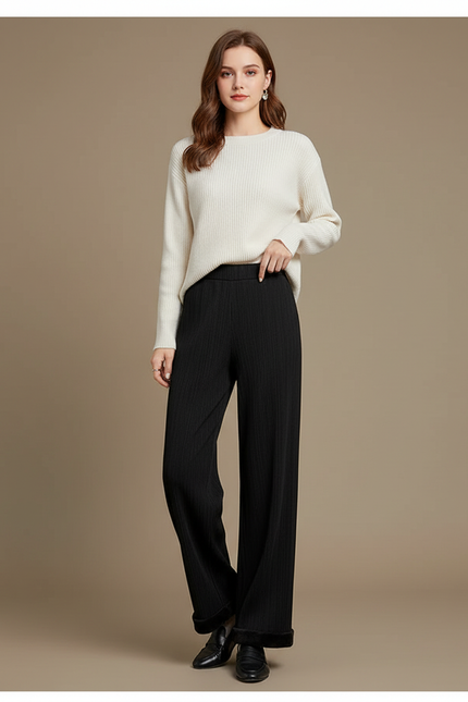 Pantalon Noir Large Droit Côtelé Épais Décontracté - Maille